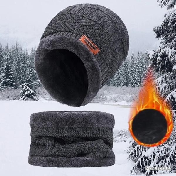 Bonnet + Echarpe Ensemble Hiver Homme Molleton Tricot� Chaud Gris Taille Unique