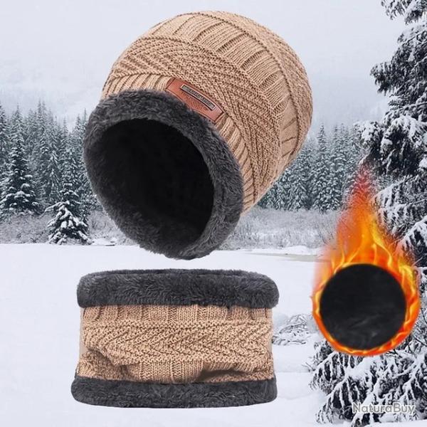 Bonnet + Echarpe Ensemble Hiver Homme Molleton Tricot� Chaud Beige Taille Unique