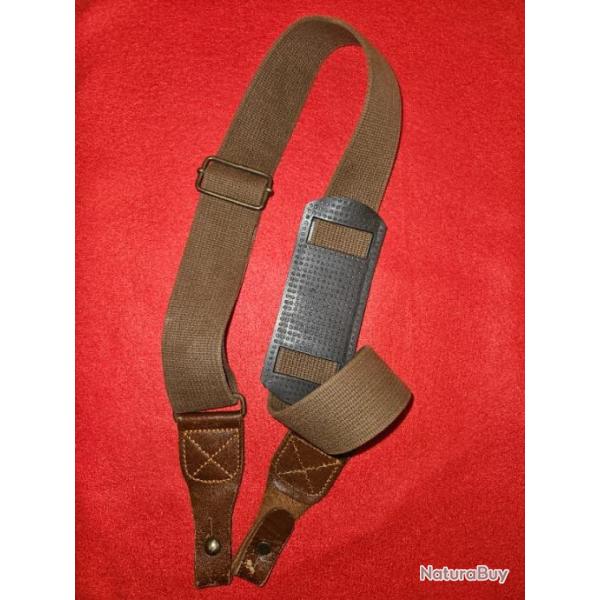 Bretelle pour carabine de chasse en toile beige marron et cuir cognac fonc�