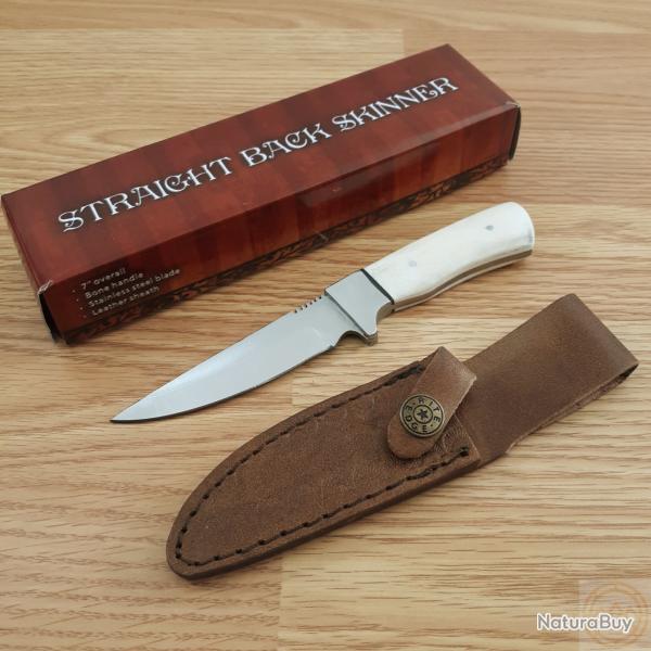 PA3369 Couteau Rite Edge Skinner Manche OS Lame Acier Inox Etui Cuir