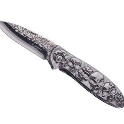 COUTEAU PLIANT 11.5 CM DECOR TETE DE MORT TOUT INOX