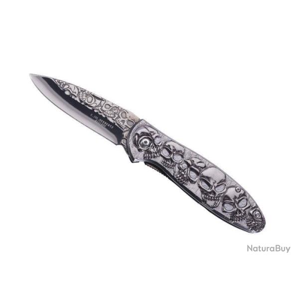 COUTEAU PLIANT 11.5 CM DECOR TETE DE MORT TOUT INOX