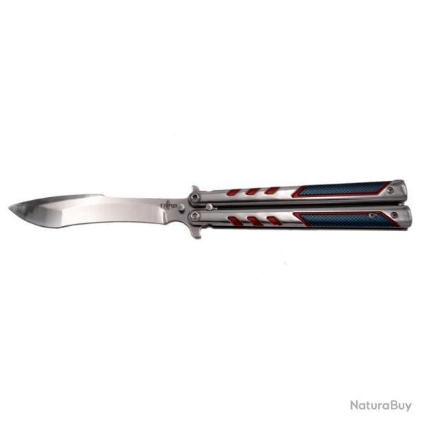 COUTEAU PAPILLON THIRD MOTIF 3D CARBONE BLEU ET ROUGE LAME 11CM