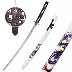 KATANA DECO LAME ACIER MOTIF DRAGON BLANC