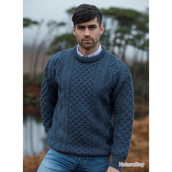 Pull irlandais homme et femme laine m�rinos chaud col rond  bleu  XL (extra large)