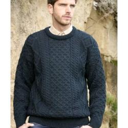 Pull irlandais homme et femme laine m&eacute;rinos chaud col rond XS (extra small) bleu nuit