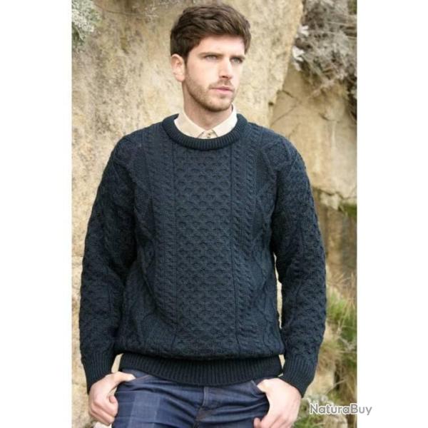 Pull irlandais homme et femme laine m�rinos chaud col rond XS (extra small) bleu nuit