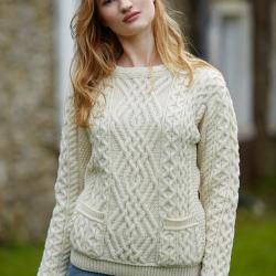 Pull femme ras de cou chaud pure laine m&eacute;rinos avec poches blanc &eacute;cru L (large)