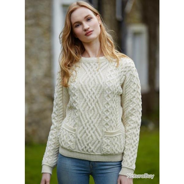 Pull femme ras de cou chaud pure laine m�rinos avec poches blanc �cru L (large)