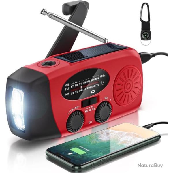 Radio M�t�o Multifonctionnelle Solaire � Manivelle FM AM WB NOAA 2000mAh Lampe de Poche Power Bank