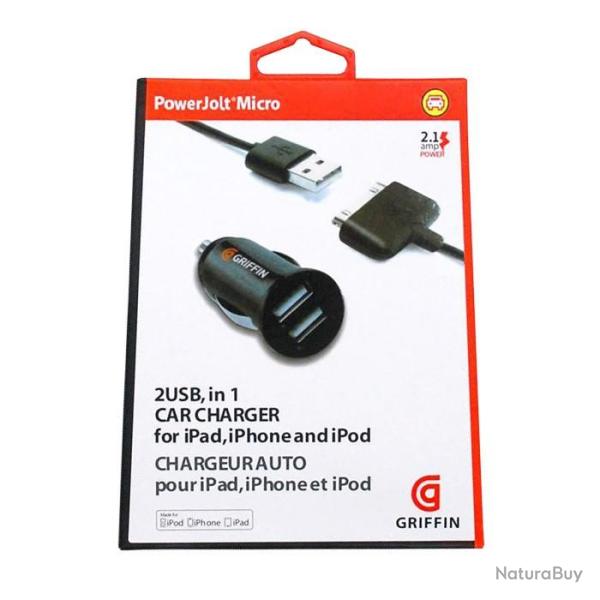 Griffin Double chargeur USB Voiture Allume Cigare pour iPhone 4/4s, Couleur: Noir