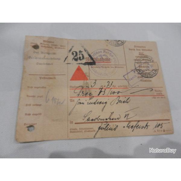 carte de paiement allemande - tampon 1936 Saarbr�cken/Sarrebruck