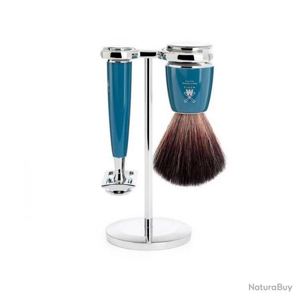 Set de rasage "Rytmo" 3 pi�ces, Manche r�sine bleue p�trole, Poils pur noir [M�hle]
