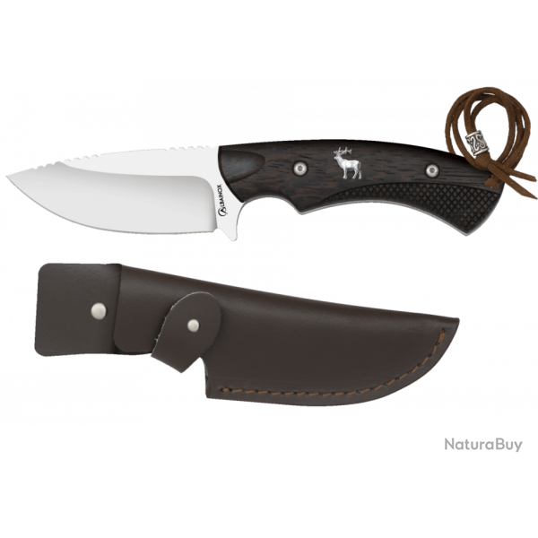 Albainox 32645 Couteau de Chasse - Lame Fixe D�cor Cerf, Manche Bois & �tui Cuir