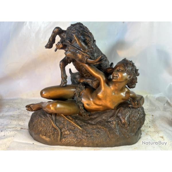 Georges Garreau sculpture en bronze Baccante et ch�vres