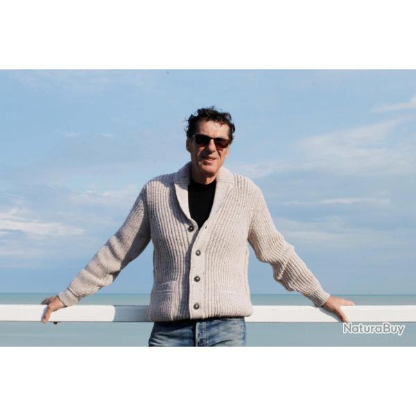 Gilet homme col ch�le c�tel� avec poches en pure laine m�rinos beige L (large)