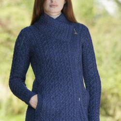 Manteau femme chaud en laine m&eacute;rinos col et zip asym&eacute;trique M (m&eacute;dium) bleu nuit