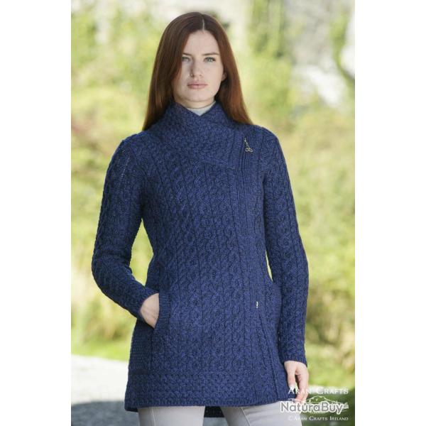 Manteau femme chaud en laine m�rinos col et zip asym�trique M (m�dium) bleu nuit