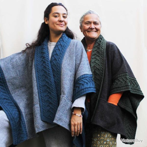 Manteau cape femme hiver en pure laine m�rinos et Donegal tweed S-M (small medium) bleu et Gris