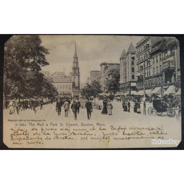 The Mall & Park St, Church, Boston, Mass, carte postale ancienne 1908