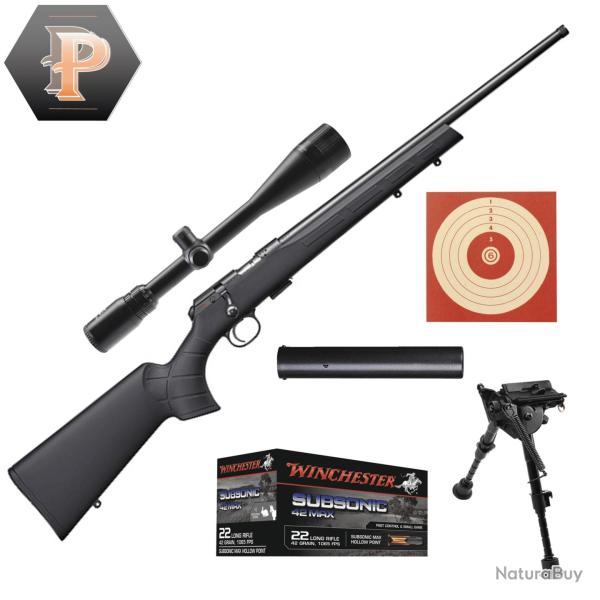 Pack Sniper Carabine CZ 457 Synth�tique Cal.22LR + Lunette 6-24X42 + Bipied + Mod�rateur, cibles et 