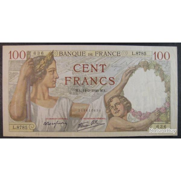 Billet 1940 France, 100 Francs, de banque, papier-monnaie, Banque de France, paper money