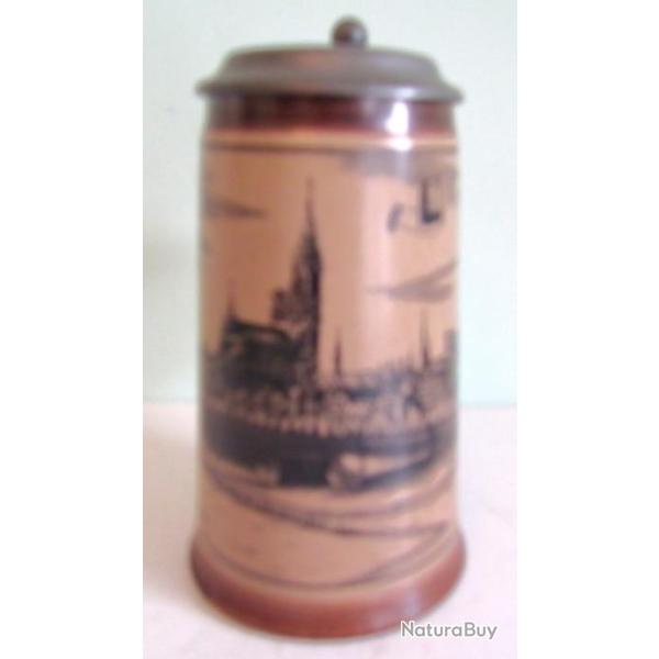 Chope � bi�re gr�s marron d�cor cath�drale de Strasbourg couvercle �tain