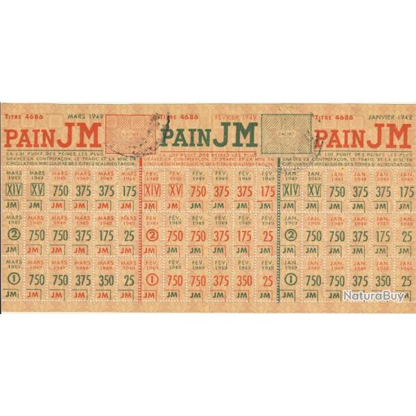Tickets rationnement de Pain - Janvier F�vrier Mars 1949 Etat : SUP