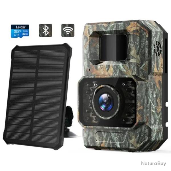 Cam�ra de Chasse WIFI Bluetooth 48MP 1080P 850nm LED Avec Panneau solaire 2000mah & Carte 32Go