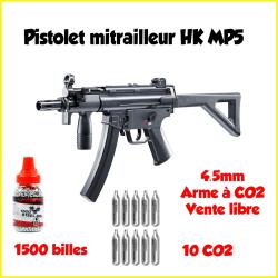 HECKLER & KOCH - PACK PISTOLET MITRAILLEUR HK MP5 K-PDW CO2 4.5MM + 1500 BILLES + 10 CAPSULES CO2 
