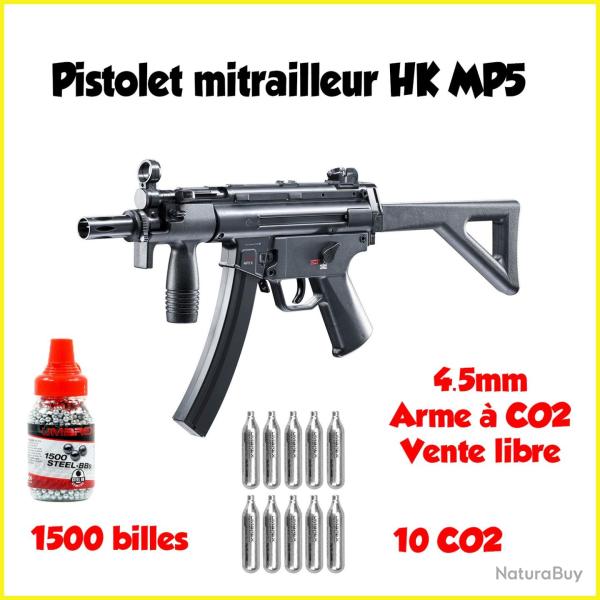 HECKLER & KOCH - PACK PISTOLET MITRAILLEUR HK MP5 K-PDW CO2 4.5MM + 1500 BILLES + 10 CAPSULES CO2 