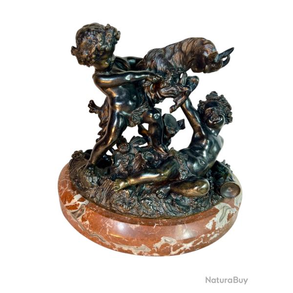 Moreau sculpture en bronze enfants et chevreau