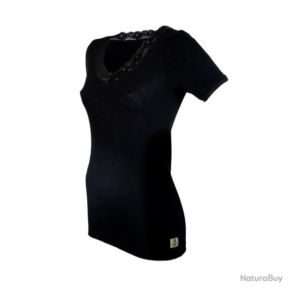 Tee shirt femme col V dentelle pure laine m�rinos noir noir M (m�dium)