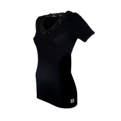 Tee shirt femme col V dentelle pure laine m&eacute;rinos noir noir XL (extra large)