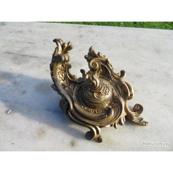 Ancien encrier Bronze/Laiton dor� patin� de style rocaille a d�cor de feuillages - FRANCE(Vers 1900)