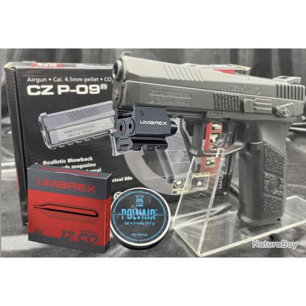 Pack laser pr�t � tirer Pistolet CZ P-09 "Couleur Noir M�tal" - Plombs ou BB'S - Blowback + Plombs +