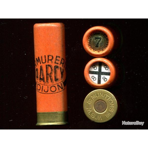 Cal. 16 centrale - ARMURERIE DARCY DIJON - carton orange MGM - culot 8 mm - plomb 7 ou 8