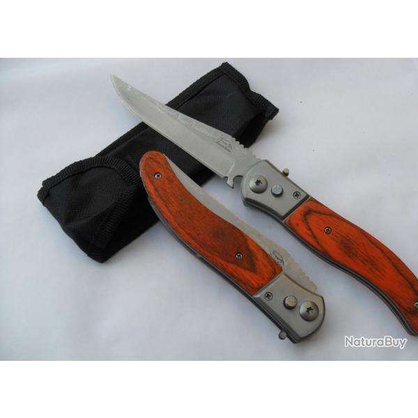 Couteau Automatique Lame Acier 10 Cm Manche Bois 12,5 Cm Chasse P�che Bivouac Outdoor