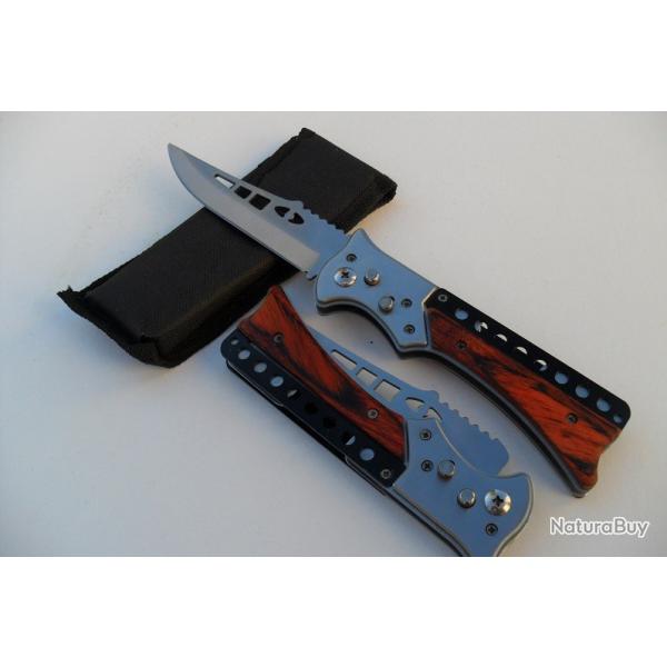 Grand Couteau Automatique Lame Acier 10,5 Cm Manche Acier/Bois 13 Cm Chasse P�che Bivouac