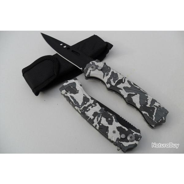Grand Couteau Automatique Camouflage Lame Acier 10,5 Cm Manche Acier 13,5 Cm Chasse P�che Bivouac