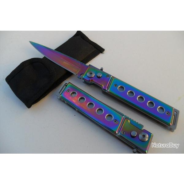 Couteau Automatique Acier Style Titane Lame 10 Cm Manche 12,5 Cm Chasse P�che Bivouac