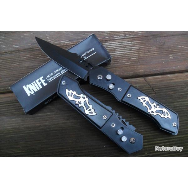 Couteau Automatique BatMan Lame Acier 8,5 Cm Manche Acier 12 Cm Grav� Chasse P�che Bivouac