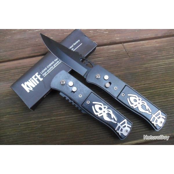 Couteau Automatique Spider Lame Acier 8,5 Cm Manche Acier 11,5 Cm Grav� Chasse P�che Bivouac