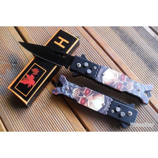 T�te de Mort Couteau Automatique Lame Acier Noir 9 Cm Manche Acier 11,5 Cm Outdoor