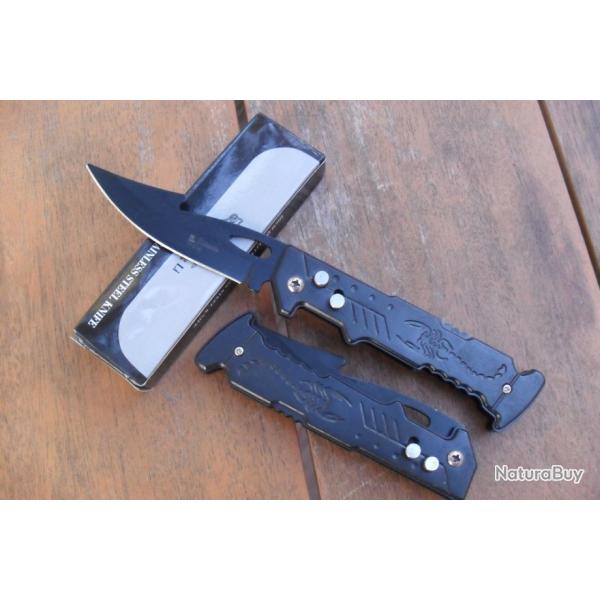 Couteau Automatique Lame Acier 9 Cm Manche R�sine 12 Cm Grav� Chasse P�che Bivouac