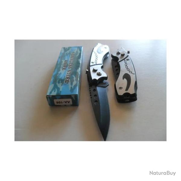 Couteau Automatique Lame Acier 8,5 Cm Manche Acier 11 Cm Chasse P�che Bivouac