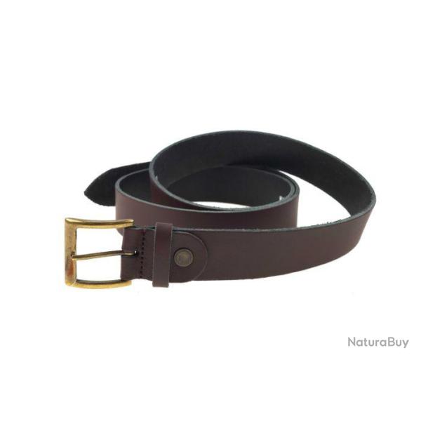 Ceinture cuir marron januel, boucle bronze, 120x3,5cm, 7 trous, r�glable en long