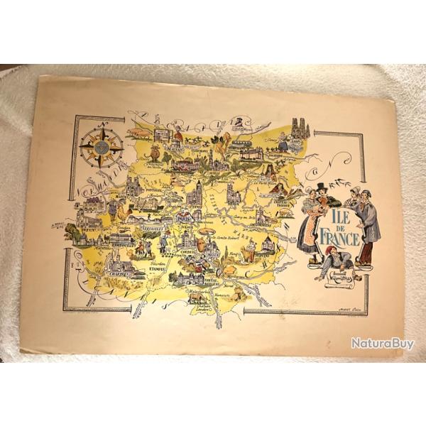 Carte ancienne illustr�e ��le de France�� Jacques LIOZU 1951