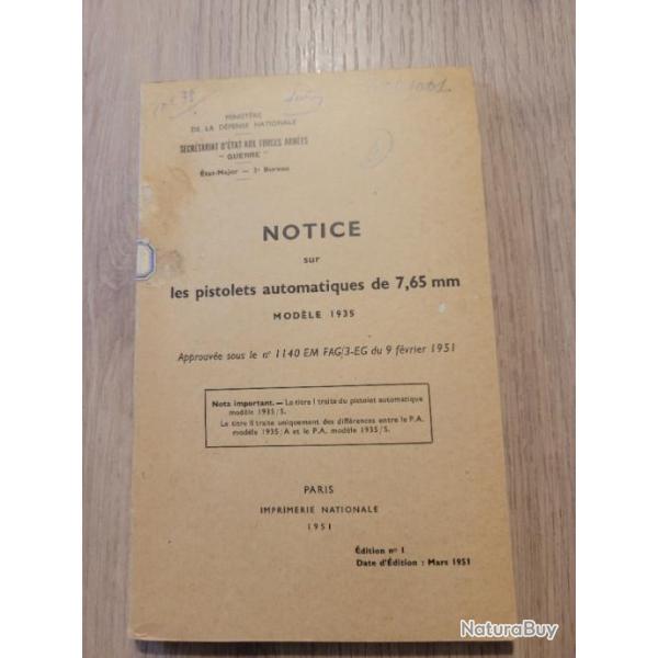 Notice sur les pistolets automatiques de 7.65 mm mod�le 1935 (S et A)