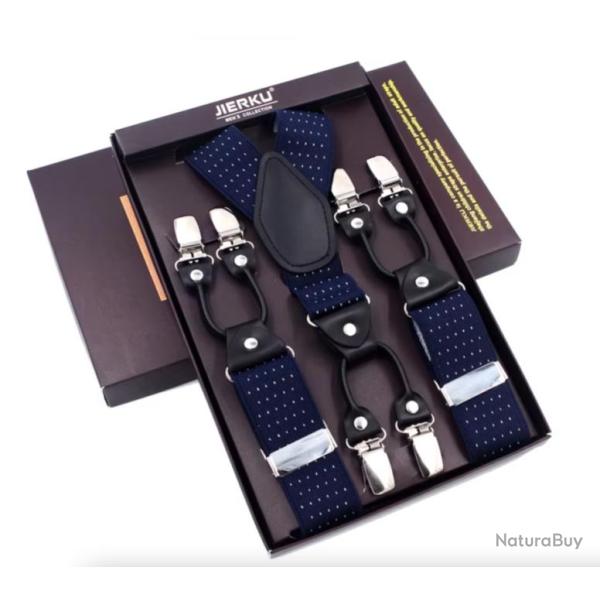Bretelles Homme avec 6 Clips - �lastique en Forme Y Ajustable Bleu pois blanc